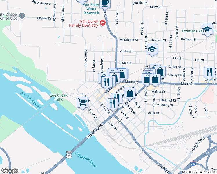 map of restaurants, bars, coffee shops, grocery stores, and more near 16 North 6th Street in Van Buren