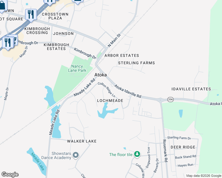 map of restaurants, bars, coffee shops, grocery stores, and more near 226 Colton Ridge Lane in Atoka