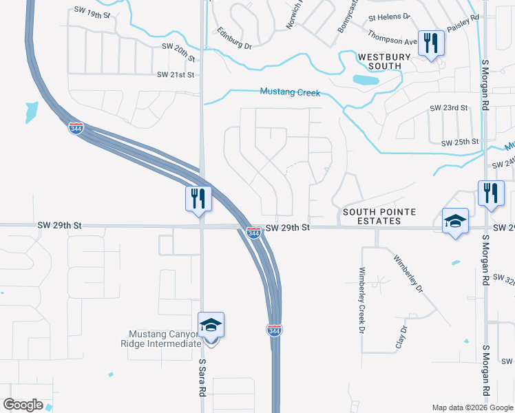 map of restaurants, bars, coffee shops, grocery stores, and more near 10384-10598 Southwest 29th Street in Mustang