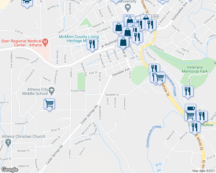 map of restaurants, bars, coffee shops, grocery stores, and more near 321 Cedar Springs Road in Athens