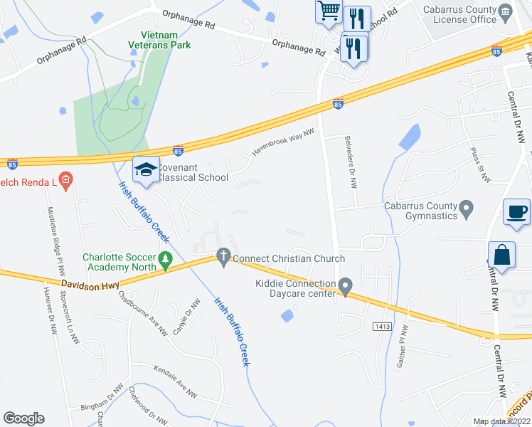 map of restaurants, bars, coffee shops, grocery stores, and more near 1460 Fairington Drive Northwest in Concord