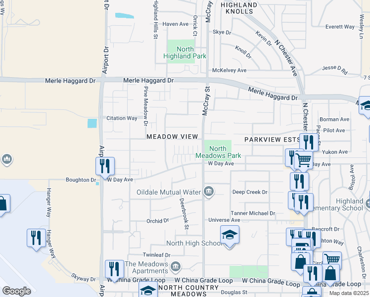 map of restaurants, bars, coffee shops, grocery stores, and more near 548 Yellow Meadow Court in Bakersfield