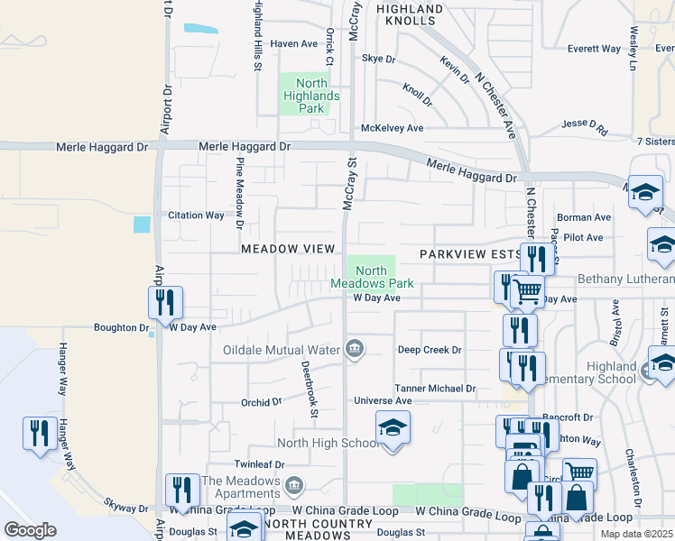 map of restaurants, bars, coffee shops, grocery stores, and more near 522 Yellow Meadow Court in Bakersfield