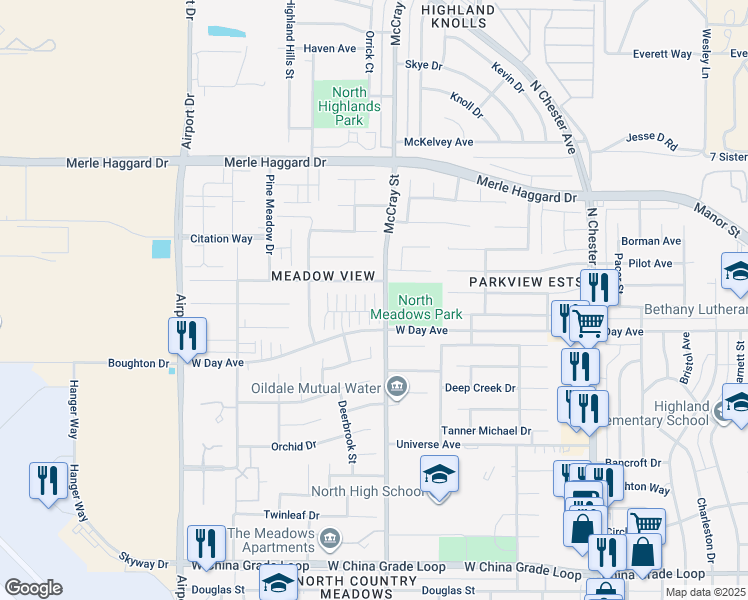 map of restaurants, bars, coffee shops, grocery stores, and more near 522 Yellow Meadow Court in Bakersfield