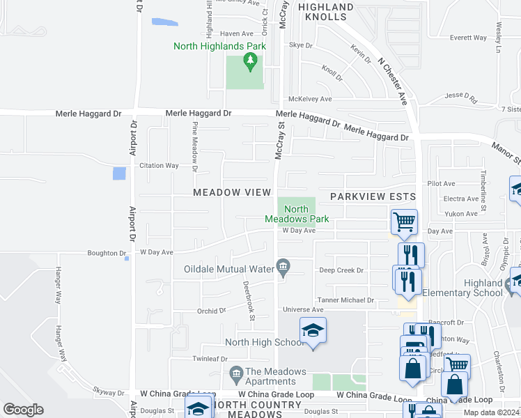 map of restaurants, bars, coffee shops, grocery stores, and more near 522 Yellow Meadow Court in Bakersfield