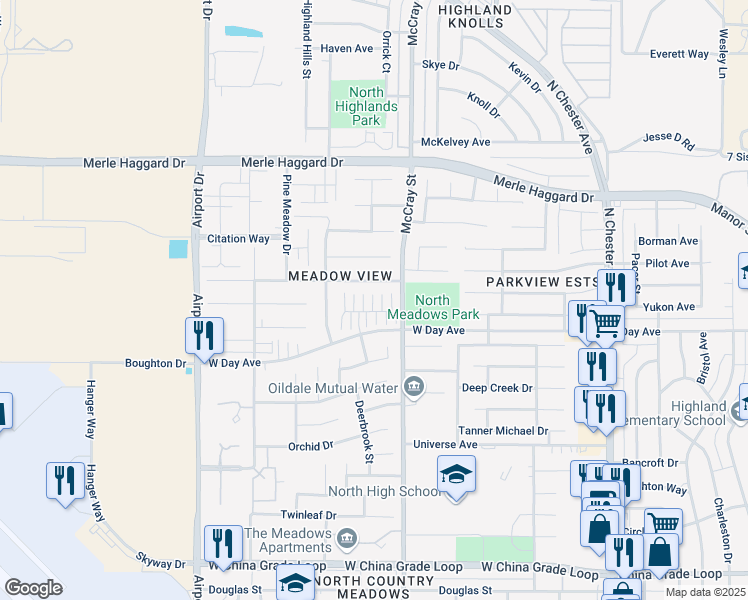 map of restaurants, bars, coffee shops, grocery stores, and more near 522 Yellow Meadow Court in Bakersfield