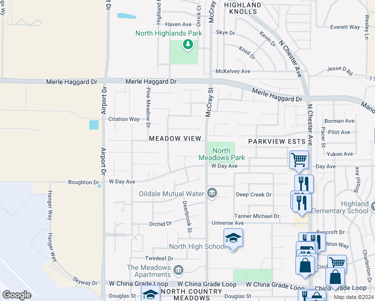 map of restaurants, bars, coffee shops, grocery stores, and more near 566 Yellow Meadow Court in Bakersfield