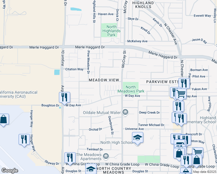 map of restaurants, bars, coffee shops, grocery stores, and more near 566 Yellow Meadow Court in Bakersfield