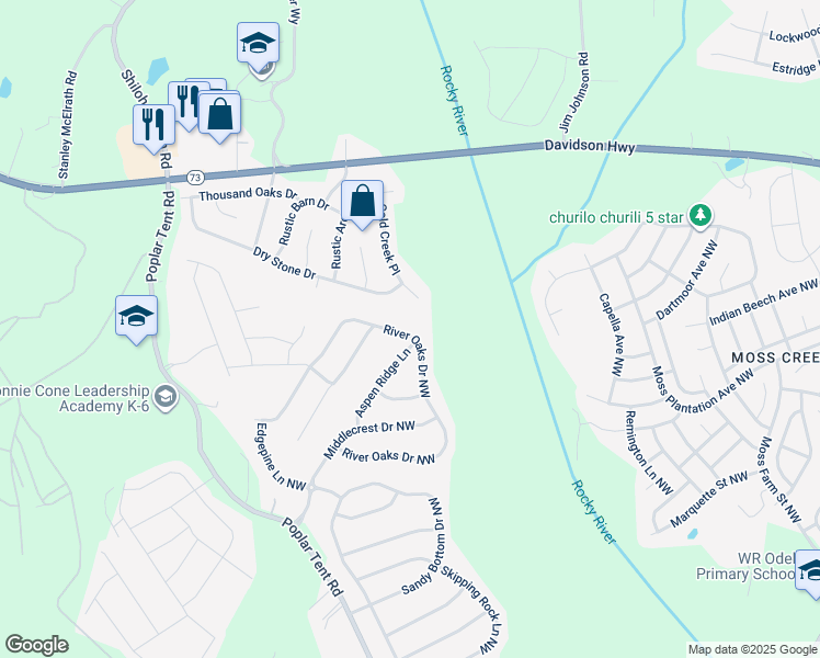 map of restaurants, bars, coffee shops, grocery stores, and more near 11030 River Oaks Drive Northwest in Concord