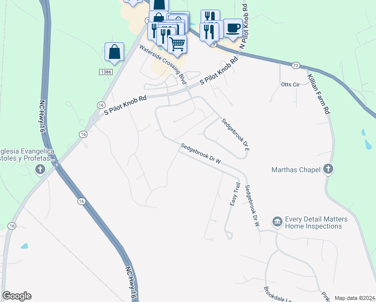 map of restaurants, bars, coffee shops, grocery stores, and more near 7357 Sedgebrook Drive West in Stanley