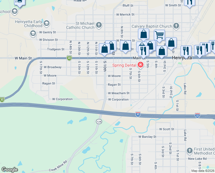 map of restaurants, bars, coffee shops, grocery stores, and more near 411 South 9th Street in Henryetta