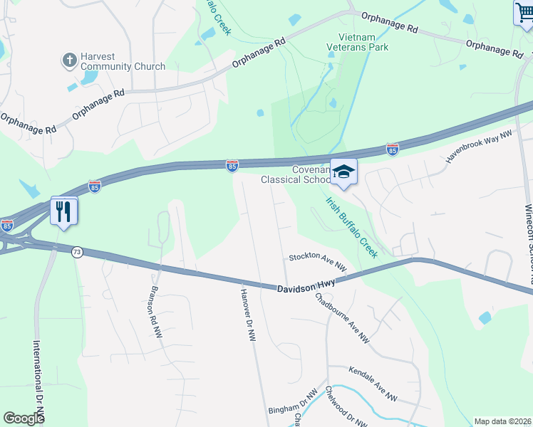 map of restaurants, bars, coffee shops, grocery stores, and more near 1360 Mistletoe Ridge Place Northwest in Concord