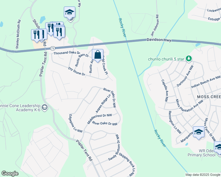 map of restaurants, bars, coffee shops, grocery stores, and more near 11030 River Oaks Drive Northwest in Concord