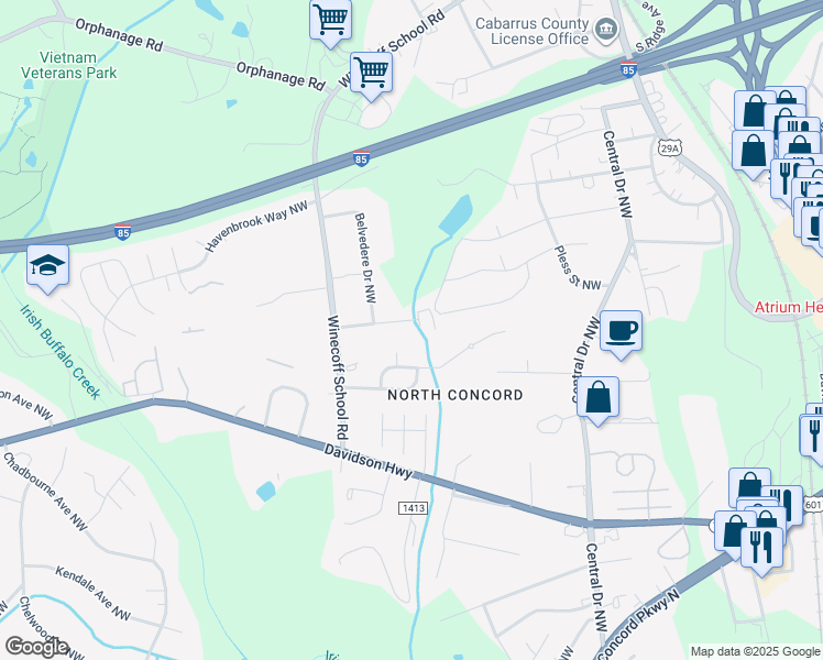 map of restaurants, bars, coffee shops, grocery stores, and more near 1200 Water Valley Court Northwest in Concord
