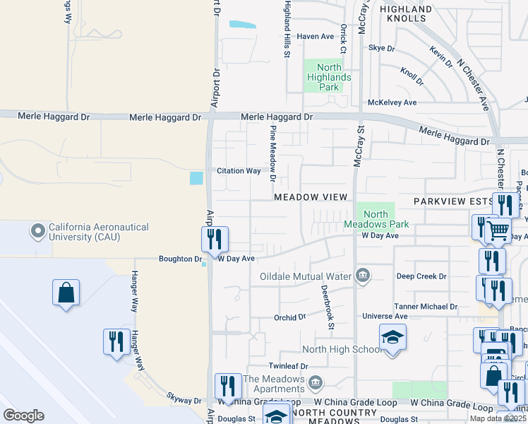 map of restaurants, bars, coffee shops, grocery stores, and more near 713 Greenwood Meadow Lane in Bakersfield
