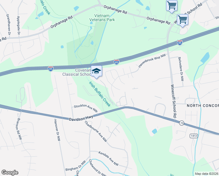 map of restaurants, bars, coffee shops, grocery stores, and more near 529 Havenbrook Way Northwest in Concord