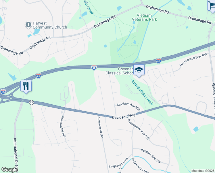 map of restaurants, bars, coffee shops, grocery stores, and more near 1360 Mistletoe Ridge Place Northwest in Concord