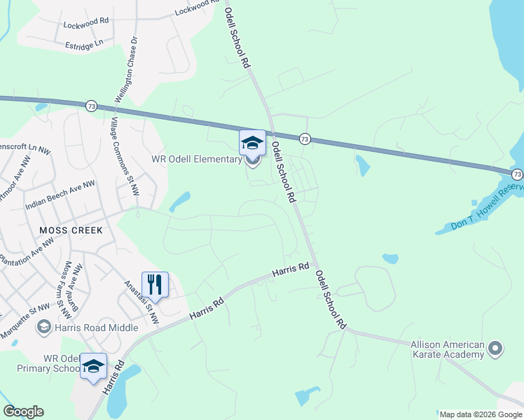 map of restaurants, bars, coffee shops, grocery stores, and more near 1435-1703 Odell School Road in Concord