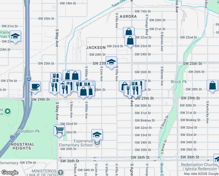 map of restaurants, bars, coffee shops, grocery stores, and more near 2536 Southwest 28th Street in Oklahoma City
