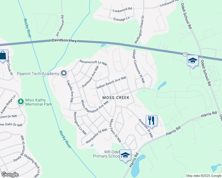 map of restaurants, bars, coffee shops, grocery stores, and more near 1572 Trippett Street Northwest in Concord