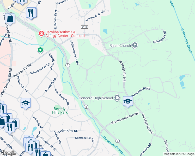 map of restaurants, bars, coffee shops, grocery stores, and more near Windsor Place Northeast in Concord