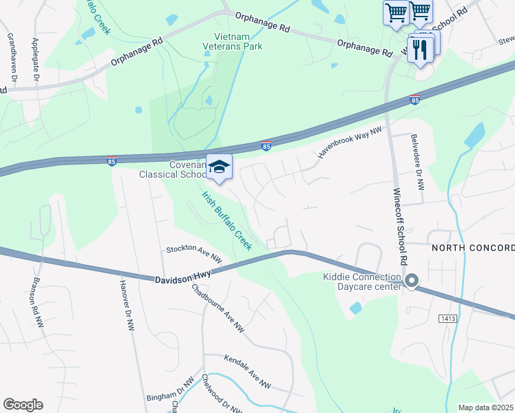map of restaurants, bars, coffee shops, grocery stores, and more near 1372 Zered Place Northwest in Concord