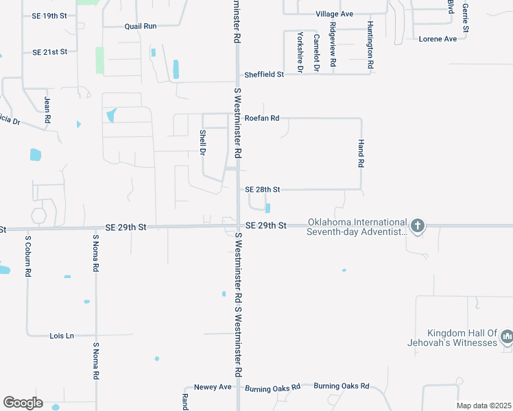 map of restaurants, bars, coffee shops, grocery stores, and more near 99 Ponderosa Circle in Midwest City