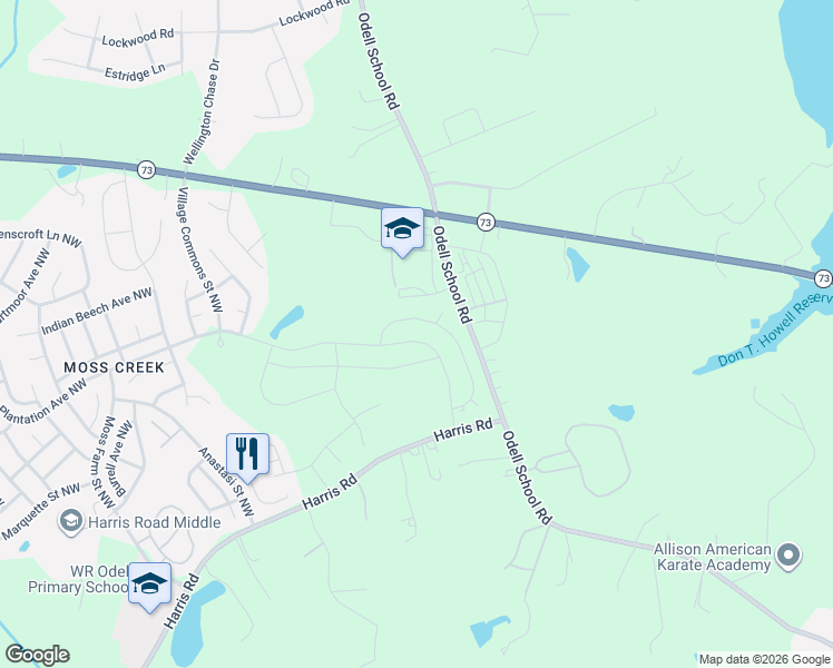 map of restaurants, bars, coffee shops, grocery stores, and more near 1435-1703 Odell School Road in Concord