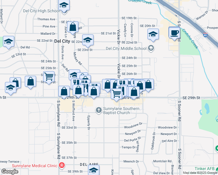 map of restaurants, bars, coffee shops, grocery stores, and more near 4612 Southeast 28th Street in Del City