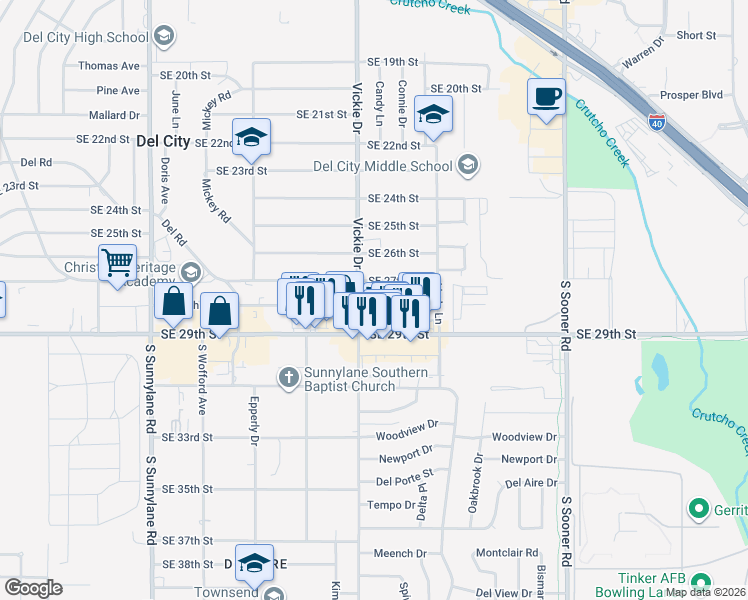 map of restaurants, bars, coffee shops, grocery stores, and more near 2910 Vickie Drive in Del City