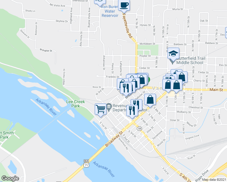map of restaurants, bars, coffee shops, grocery stores, and more near 118 North 5th Street in Van Buren