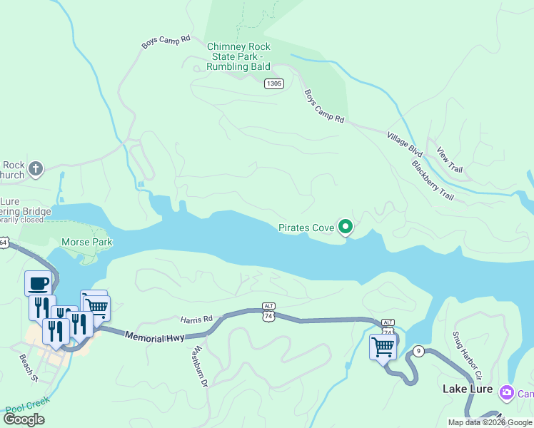 map of restaurants, bars, coffee shops, grocery stores, and more near 476 Chapel Point Road in Lake Lure
