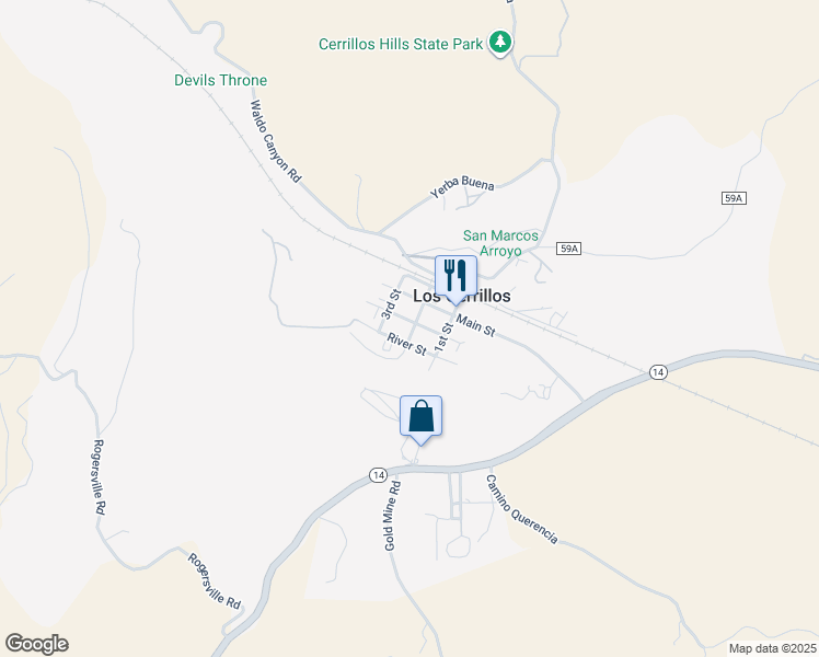 map of restaurants, bars, coffee shops, grocery stores, and more near 15 River Street in Los Cerrillos