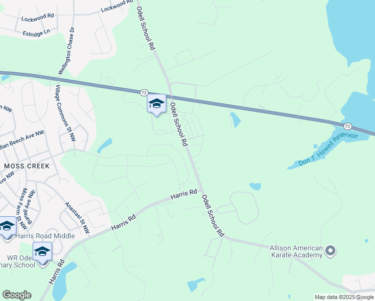 map of restaurants, bars, coffee shops, grocery stores, and more near 1705 Odell School Road in Concord