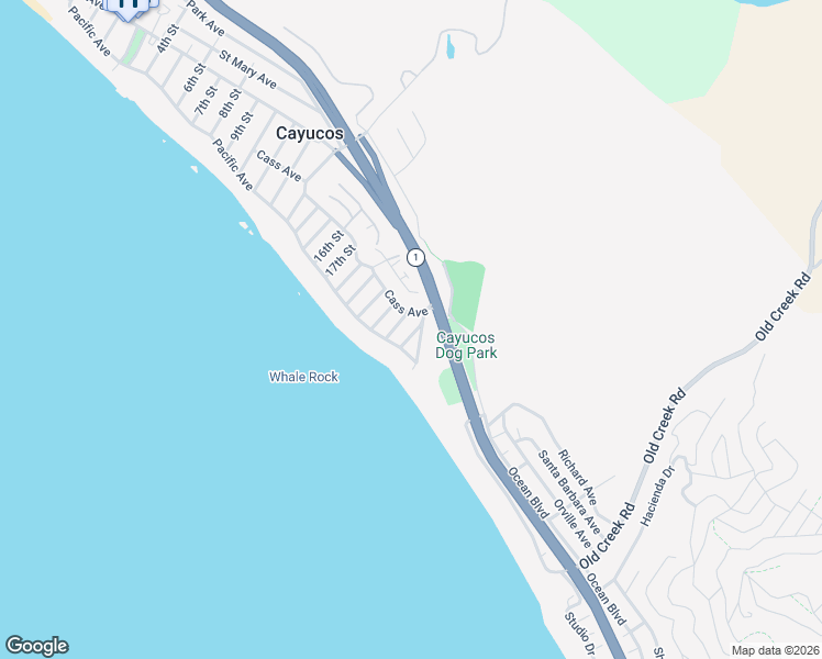 map of restaurants, bars, coffee shops, grocery stores, and more near 33 23rd Street in Cayucos