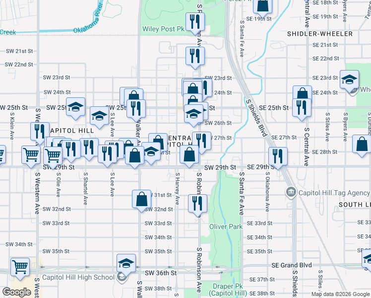 map of restaurants, bars, coffee shops, grocery stores, and more near 2900 South Harvey Avenue in Oklahoma City