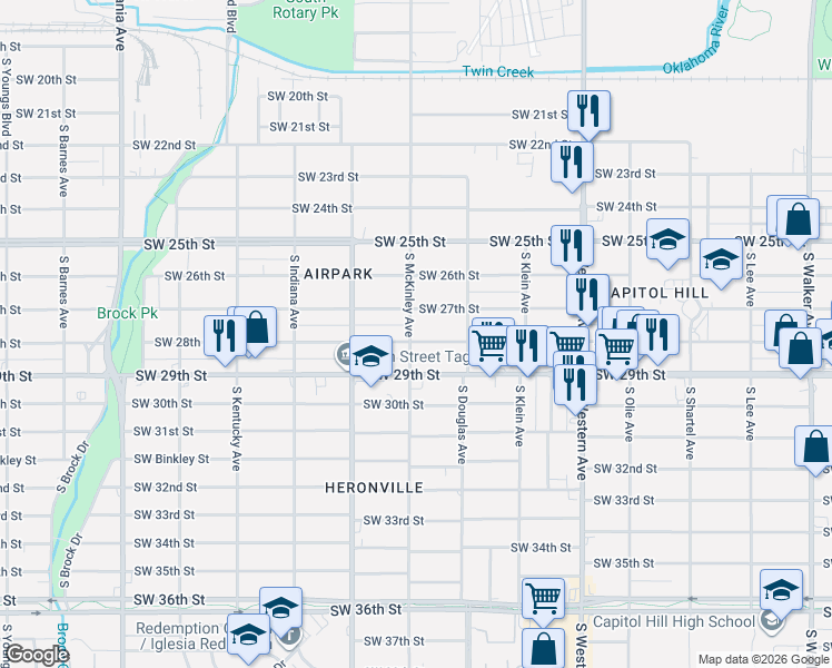 map of restaurants, bars, coffee shops, grocery stores, and more near 1128 Southwest 28th Street in Oklahoma City