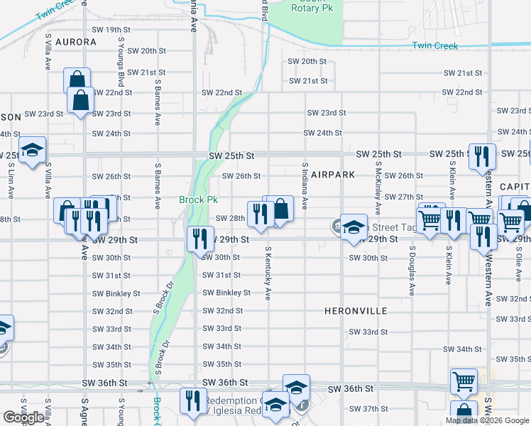 map of restaurants, bars, coffee shops, grocery stores, and more near 1444 Southwest 28th Street in Oklahoma City