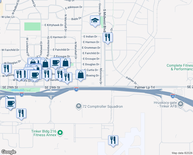 map of restaurants, bars, coffee shops, grocery stores, and more near 7523 Southeast 29th Street in Midwest City