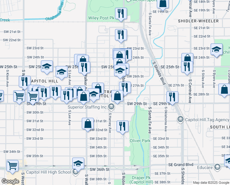 map of restaurants, bars, coffee shops, grocery stores, and more near 2900 South Harvey Avenue in Oklahoma City
