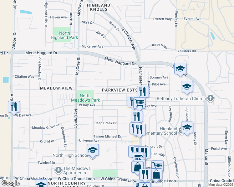 map of restaurants, bars, coffee shops, grocery stores, and more near Misty Meadow Drive in Bakersfield