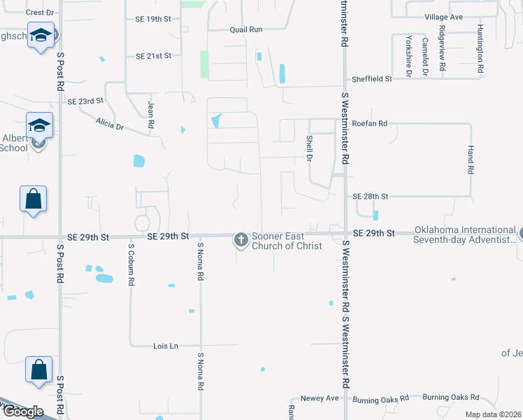 map of restaurants, bars, coffee shops, grocery stores, and more near Snapper Ln in Midwest City