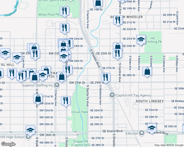 map of restaurants, bars, coffee shops, grocery stores, and more near 10 Southeast 28th Street in Oklahoma City