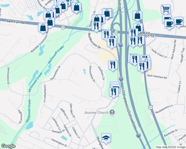map of restaurants, bars, coffee shops, grocery stores, and more near 10025 Devonshire Drive in Huntersville