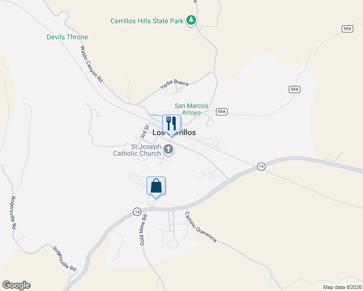 map of restaurants, bars, coffee shops, grocery stores, and more near 25 Main Street in Los Cerrillos