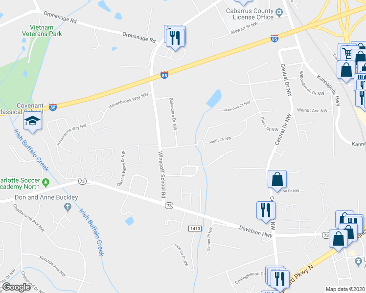 map of restaurants, bars, coffee shops, grocery stores, and more near 294 Water Valley Court Northwest in Concord