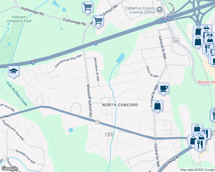 map of restaurants, bars, coffee shops, grocery stores, and more near 1200 Water Valley Court Northwest in Concord