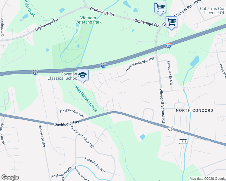 map of restaurants, bars, coffee shops, grocery stores, and more near 1408 Zered Place Northwest in Concord