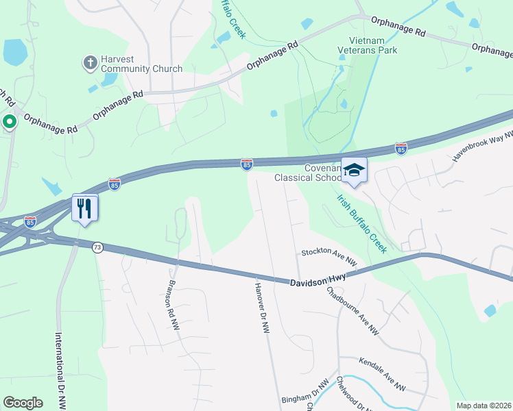 map of restaurants, bars, coffee shops, grocery stores, and more near 1367 Mistletoe Ridge Place Northwest in Concord