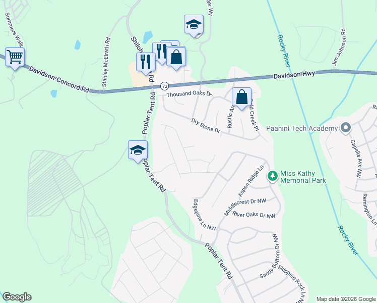 map of restaurants, bars, coffee shops, grocery stores, and more near 1442 Coffeetree Drive Northwest in Concord